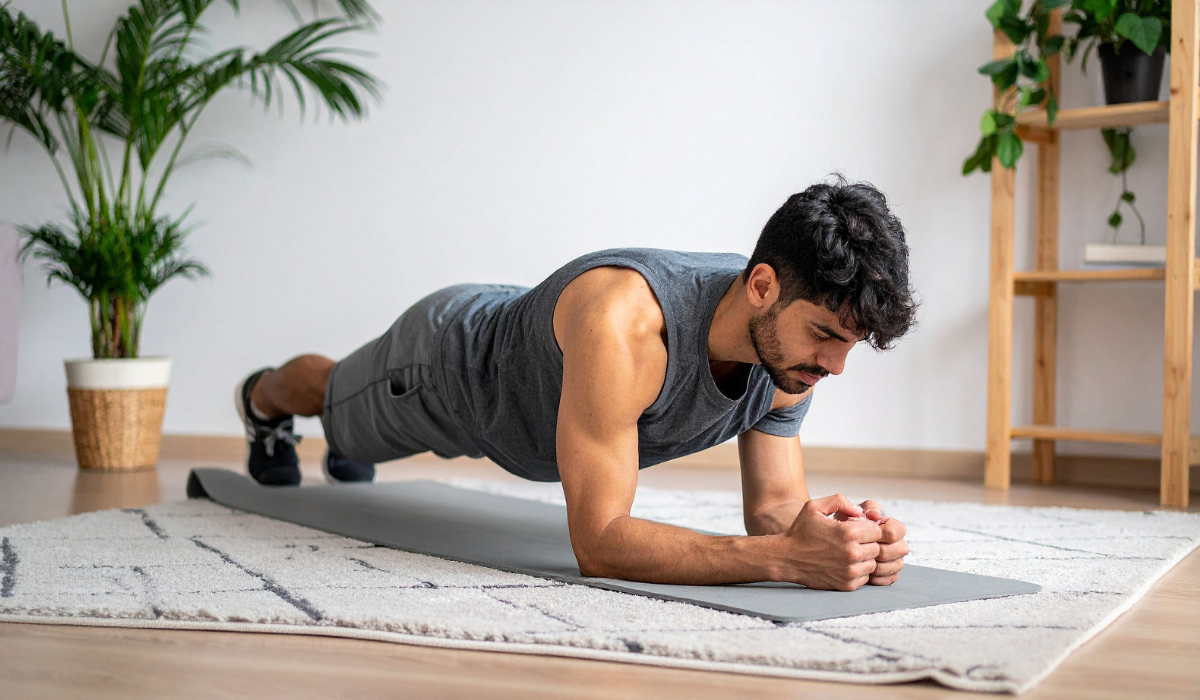 A man works out while traveling, holding in a plank position on the floor on a gray exercise mat.