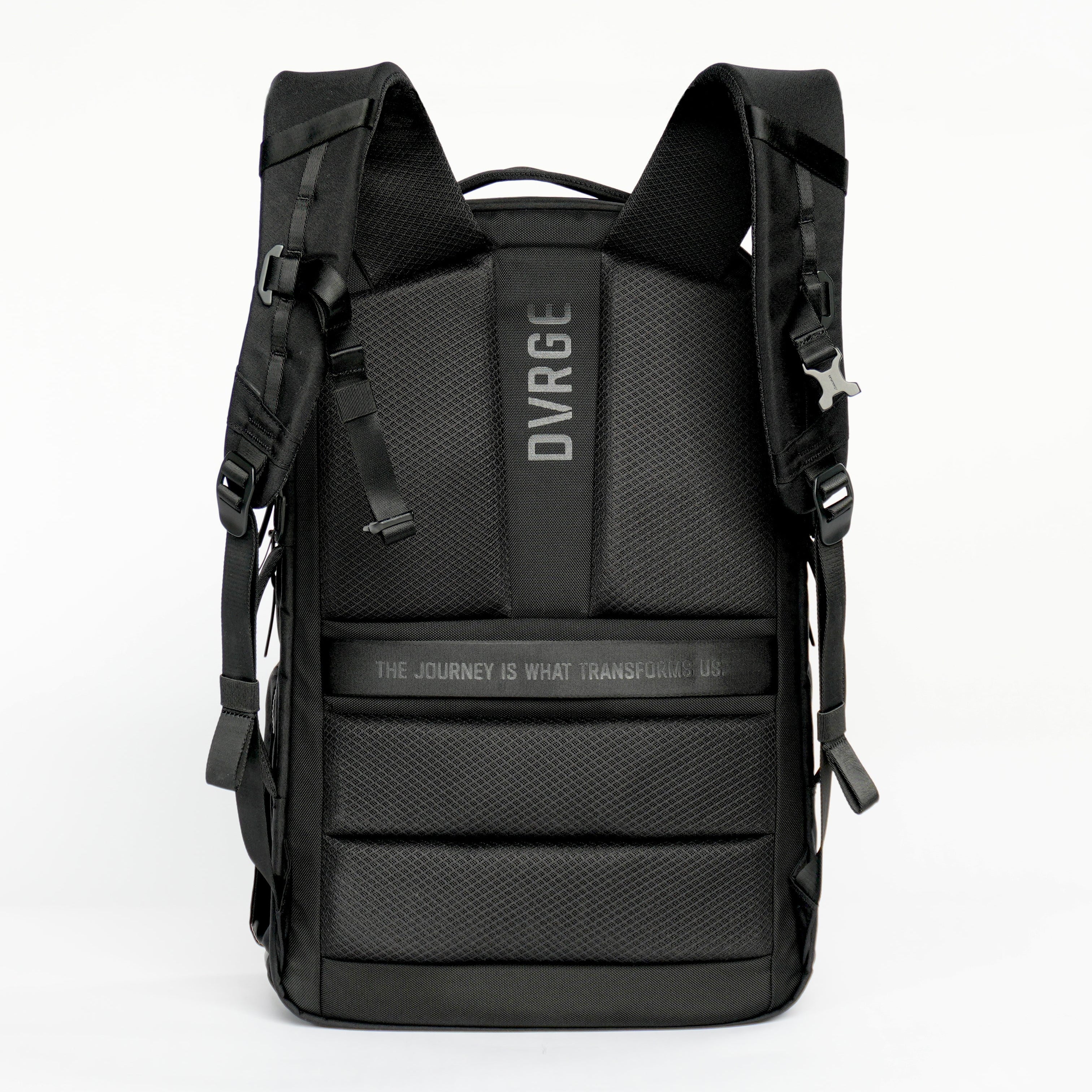Back and shoulder area of black 500D DVRGE travel backpack for athletes 
