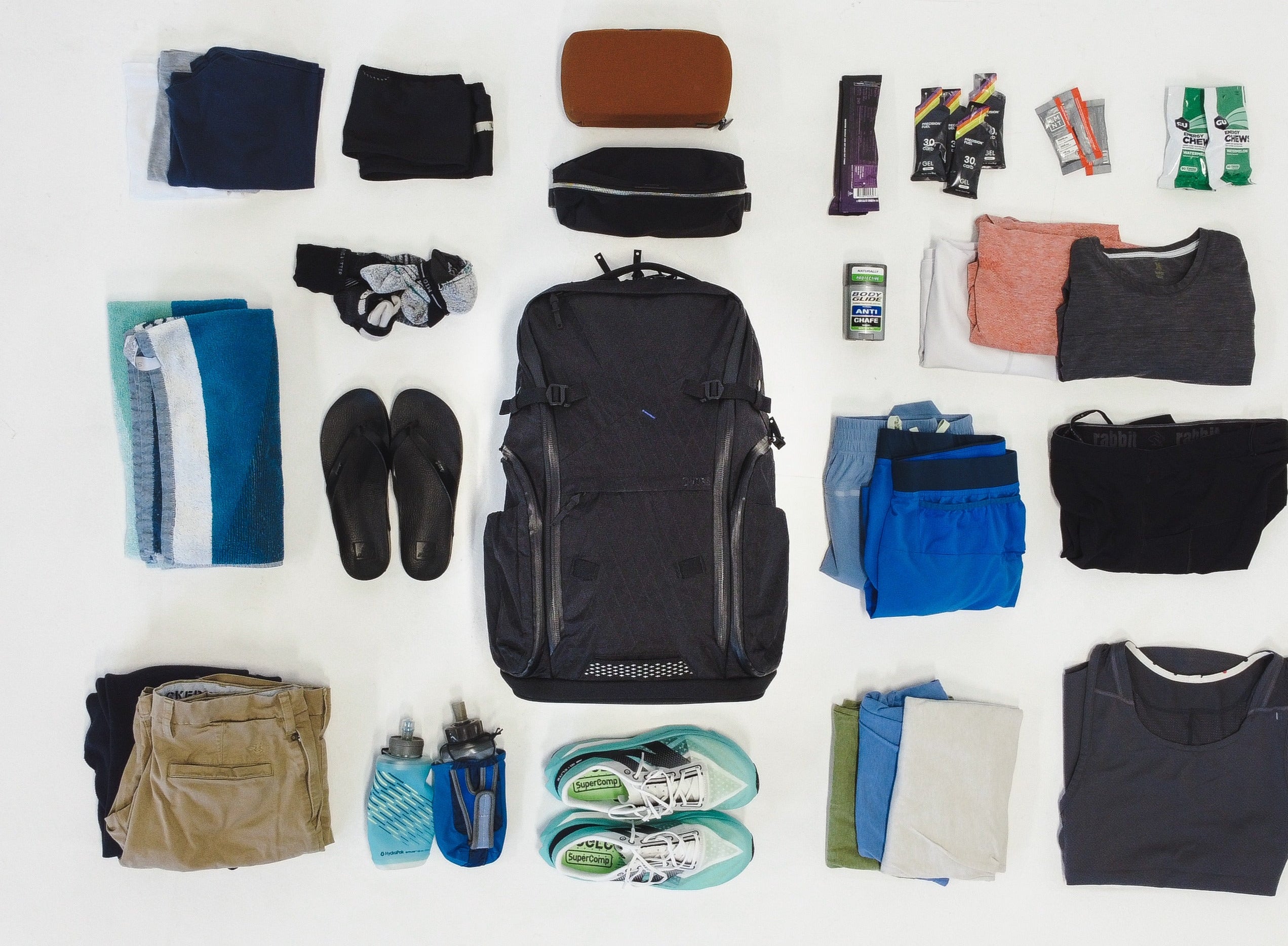 Organized travel packing list with clothes and backpack on a white background