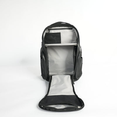 Clamshell pocket opened on DVRGE athletic backpack 