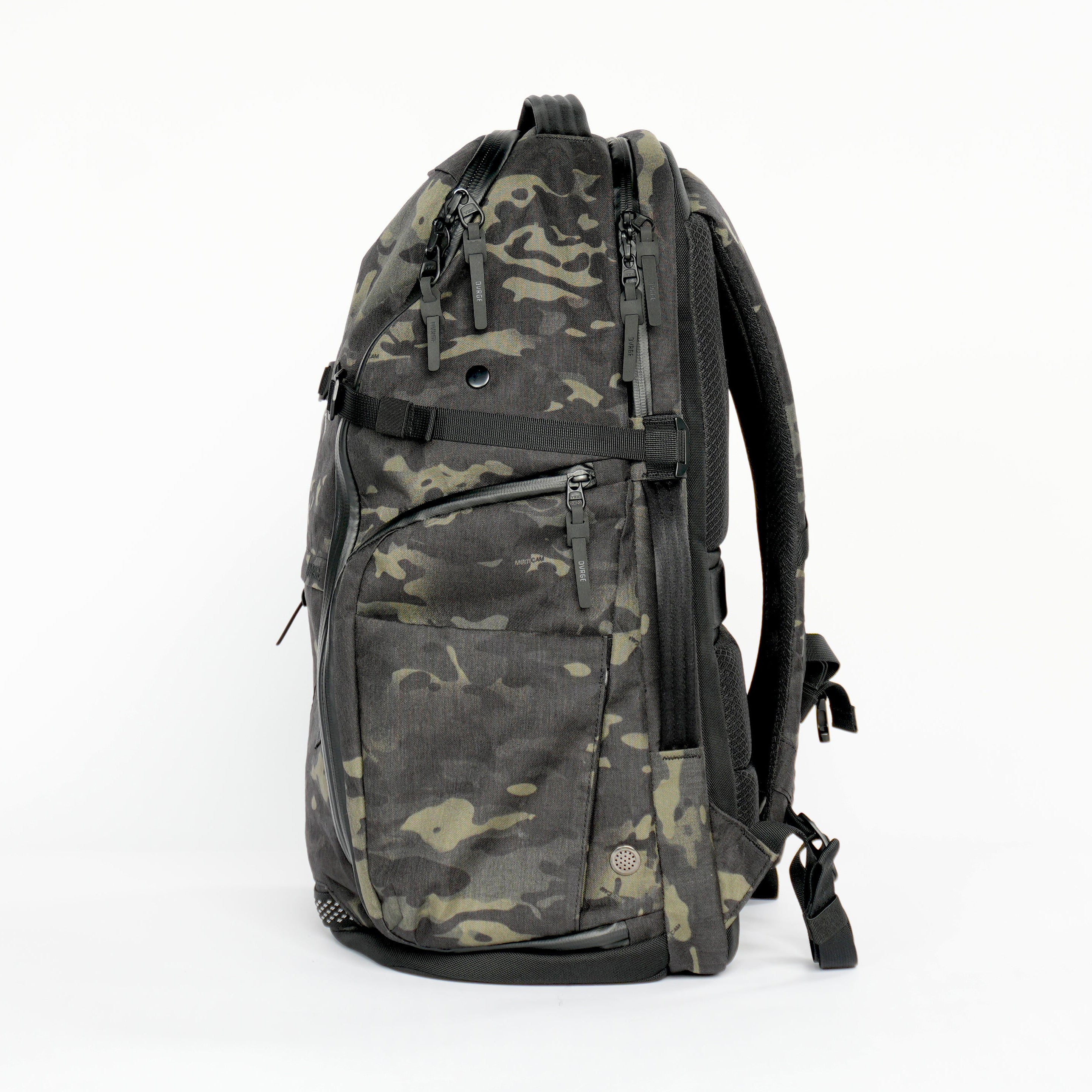 Side view of DVRGE X50 36L – Waterproof X-Pac® X50 Black Multicam® - LIMITED EDITION backpack on white background